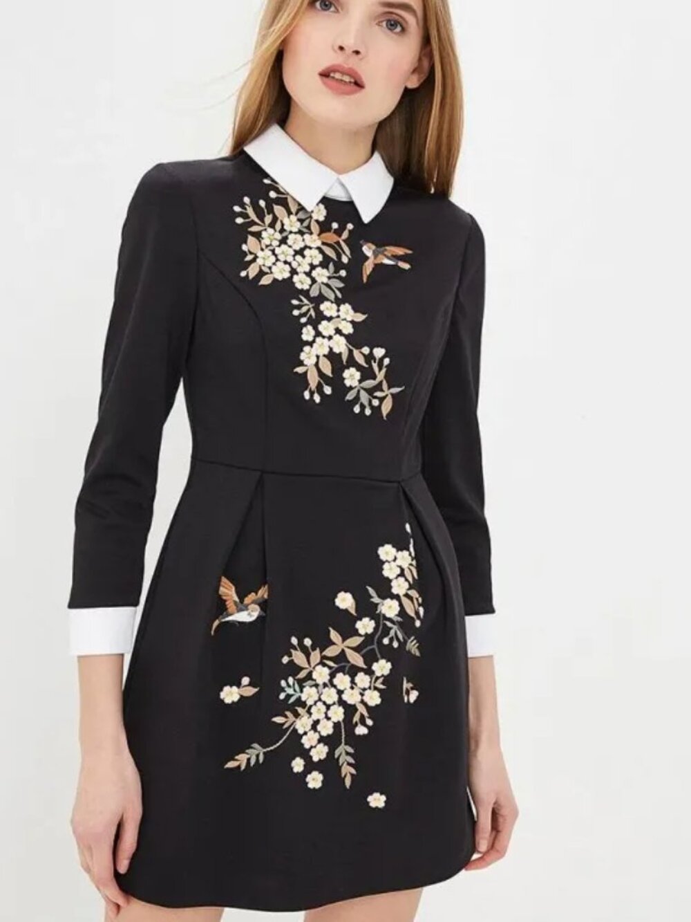 Ted Baker Ellan Graceful Embroidered Collared Dress Black Floral Mini 1/S